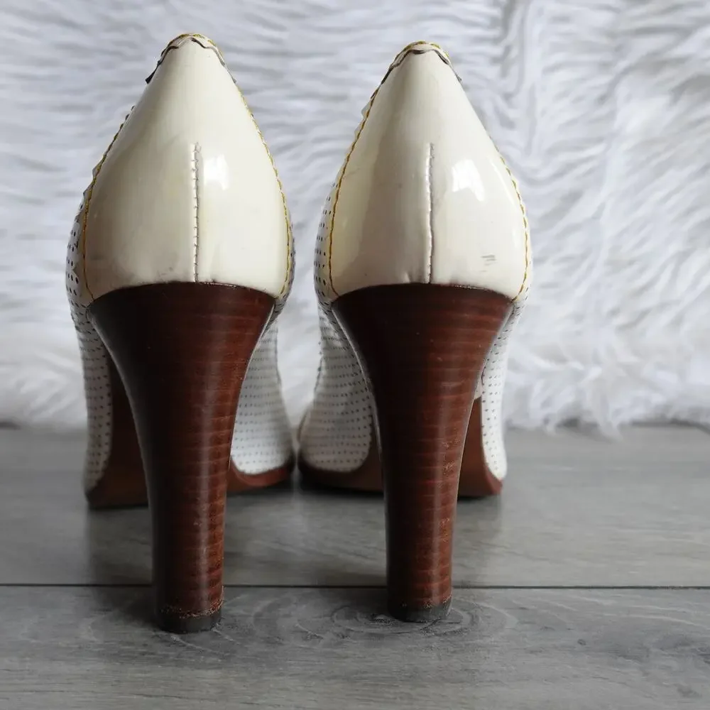 Fendi White and Cream Patent Leather Peep-Toe Heels
